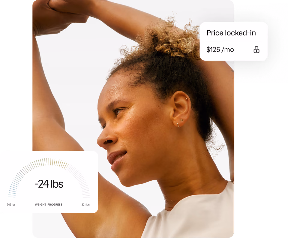 Woman stretching after a workout, with a progress card showing 24 lbs lost and a price locked at $125 per month.
